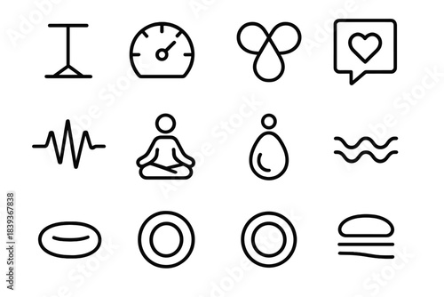 Calm Anchoring Icons. Calm Anchoring Aids linear set: grounding mark, emotional balance dial, breath-steady loop, supportive reminder card, clarity pulse, centered-state icon, calm