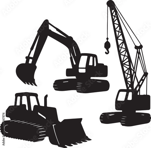 Heavy construction machinery silhouettes featuring bulldozer, excavator, and crawler crane, industrial equipment illustration