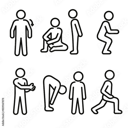 Pre-Workout Icon Series. Pre-workout routine linear set: shoulder roll, hip opener, calf raise, light squat, wrist stretch, hamstring warm-up, neck tilt, gentle lunge.