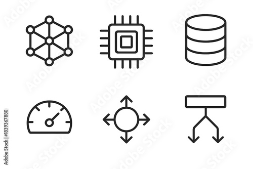 Network Architecture Icons. Distributed architecture themes linear set: mesh network, compute unit, storage tiers, latency meter, cluster orb, traffic splitter.