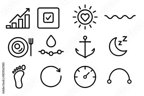 Habit Icon Collection. Habit Strengthening Set linear set: routine flow bar, check-in card, supportive cue badge, steady pace line, nourishment rhythm plate, hydration interval