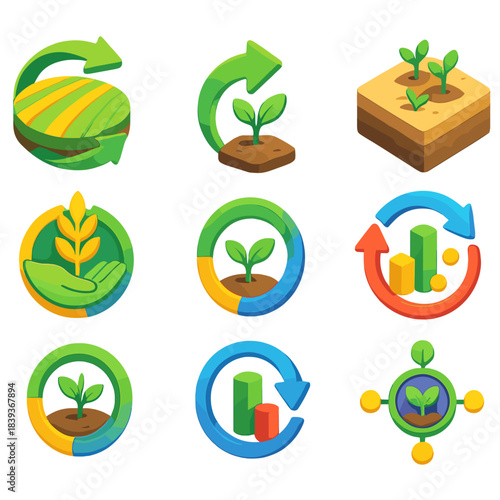 Colorful Icon Set. Harvest Regeneration Framework flat isometric set: rotating field band, plant-regrowth arrow, soil-restoration tile, nutrient-flow loop, careful harvest badge,
