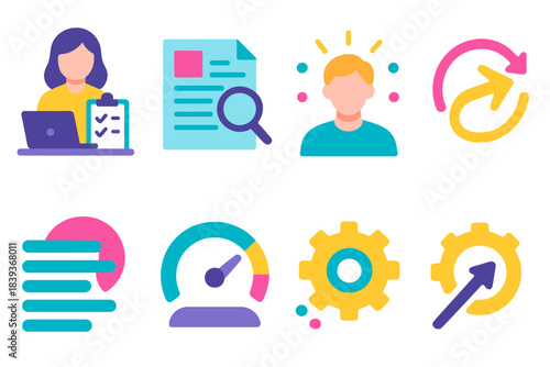 Invisible Workplace Tasks. Workplace Invisible Tasks flat set: behind-the-scenes prep, silent documentation, unnoticed troubleshooting, team support aura, subtle guidance arrow,