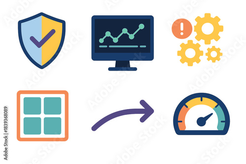Digital Resilience Icons. Operational Resilience Set flat set: resilience shield, systems monitor, critical process icon, safeguard block, steady flow arrow, stability gauge.