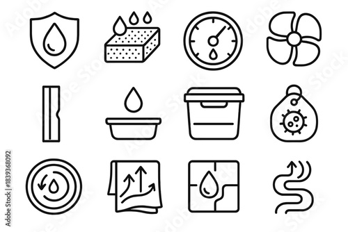 Dry Home Icons. Dry Home Environment Set linear set: condensation shield plate, moisture filter pad, humidity-safe dial, air circulation marker, sealed wall joint, drip check icon,