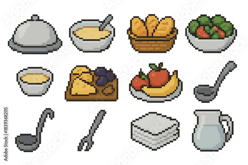 Culinary Essentials Icons. Shared Culinary Essentials set of icons in flat pixel vector style: serving platter, soup bowl, bread basket, shared salad bowl, dipping sauce ramekin,