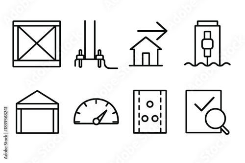 Building Stability Icons. Building Stability Essentials linear set: cross-bracing frame, anchor tie-downs, wind load arrow, seismic damping icon, rigid frame, stability gauge,