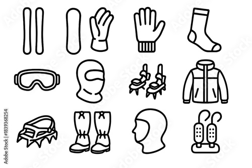 Winter Sports Gear Icons. Cold-Weather Sport Equipment linear set: alpine skis, snowboard deck, winter gloves, thermal socks, snow goggles, balaclava mask, ski bindings, insulated