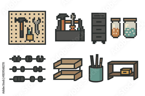 Creative Workspace Icons. Creative Workspace Storage pixel style set: pegboard panel, tool caddy, rolling cart, labeled jars, cable clips, document tray, pen holder, desk shelf