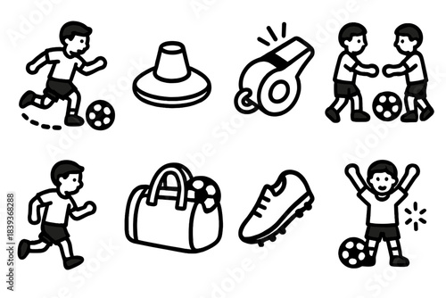 Youth Soccer Icons. Children’s Soccer Practice linear set: playful dribble arc, practice disc marker, friendly referee whistle, buddy pass icon, warm-up jog figure, equipment bag,