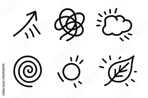 Emotional Kinetic Icons. Kinetic Emotional Moments linear set: rising hope arrow, looping confusion knot, vibrating anger bar, drifting daydream cloud, spiraling awe ring, flicking
