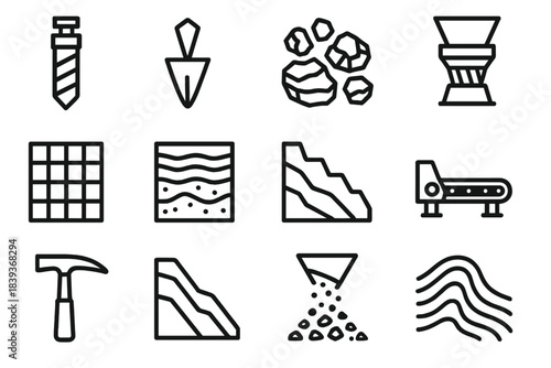 Geologic Material Handling Icons. Geologic Material Handling linear set: core drill, split wedge, rocky debris, crushing chamber, sorting grid, soil strata icon, quarry bench, belt