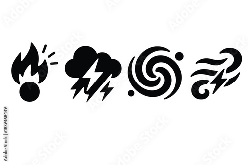 Brutalist Energy Icons. Energetic Compound Dynamics silhouette set: exothermic flare bead, charged mist wisp, rapid-fusion swirl.