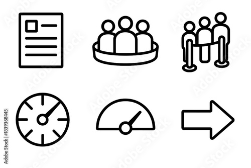 Operational Icons Overview. Operational resource tools linear set: request form, resource pool, queue line, scheduling wheel, usage indicator, dispatch arrow.