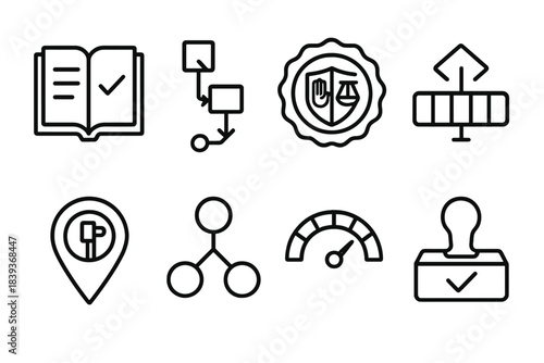 Protocol Icon Suite. Protocol-Governed Community Set linear set: rulebook tile, stepwise decision arrow, rights–responsibility badge, community standard bar, enforcement path