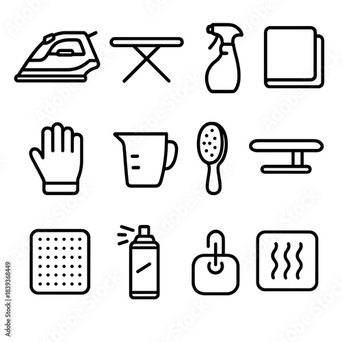 Ironing Essentials Icons. Ironing Accessories linear set: steam iron, ironing board, spray bottle, pressing cloth, heat-resistant glove, water refill cup, lint brush, sleeve board,