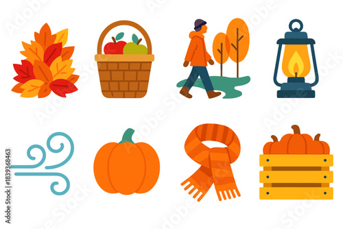 Autumn Activities Icons. Autumn Activities flat set: leaf pile, apple picking basket, forest stroll, lantern icon, windy swirl, pumpkin shape, cozy scarf, harvest crate.