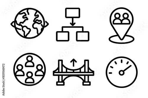 Global Team Icons. Transnational Team Integration linear set: linked continents icon, shared workflow tile, coordinated meeting marker, diverse perspectives ring, project bridge