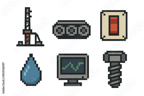 Mechanical Icon Set. Mechanical work systems pixel style set: drill rig, conveyor segment, power switch, lubrication drop, system monitor, heavy-duty bolt.