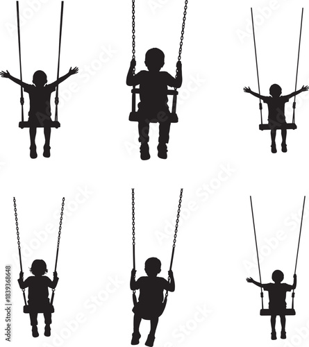 Silhouettes of children joyfully swinging on playground swings 