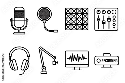 Podcast Studio Icons. Podcast studio environments linear set: condenser mic, pop filter, acoustic foam tile, mixer board, boom arm, monitor headphones, waveform screen, recording