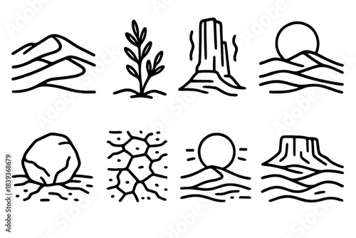 Dune Wilderness Icons. Dune Wilderness Set linear set: rolling dune hills, desert shrub sprig, sandstone pillar, heat shimmer lines, solitary boulder, sunset disk, arid ground
