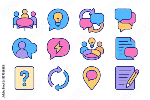 Collaborative Discussion Icons. Collaborative Discussion Set isometric flat set: roundtable chat, insight bubble, cooperative arrows, talk queue icon, speaking token card, dialogue