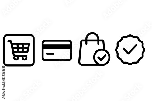 E-Commerce Icons Collection. E-Commerce Interface Elements linear set: cart-summary panel, payment-gateway strip, order-confirmation bead.