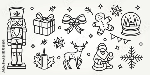 christmas and winter elements line art set icons design. christmas background of santa, deer, nutcracker, snowball design elements