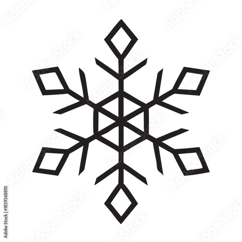 A striking black and white illustration depicts a detailed snowflake with symmetrical patterns and sharp angular features