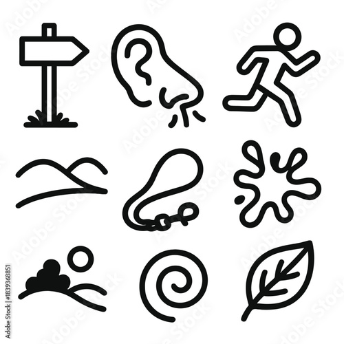 Outdoor Adventure Icons. Outdoor Adventure Play linear set: trail marker, sniffing nose icon, running silhouette, splash puddle, rolling hill, adventure leash, scent trail swirl,
