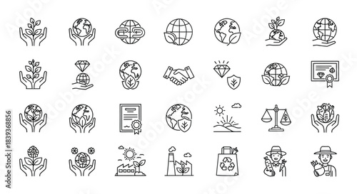 A collection of environmental and sustainability icons, each meticulously crafted to represent various aspects of ecological responsibility and conservation efforts