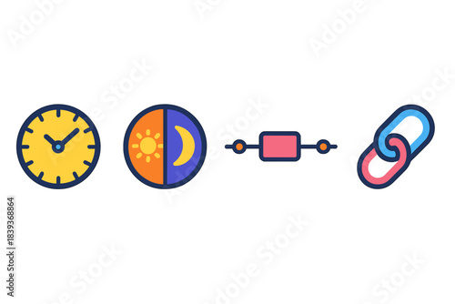 Modern Time Coordination. Temporal Coordination Systems flat set: multi-zone gauge, daylight-offset ring, timeline link block.