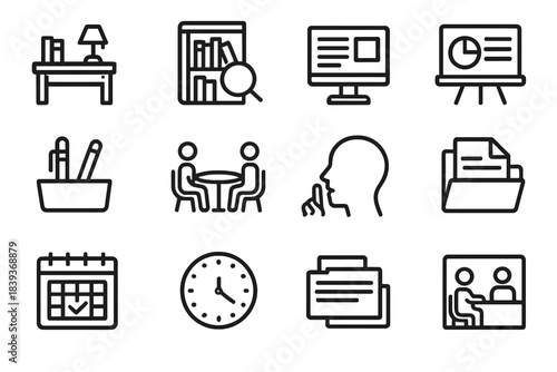 Academic Icons Grid. Scholarly Environment Icons linear set: library desk, research shelf, study monitor, seminar board, learning tools tray, discussion table, quiet-study icon,