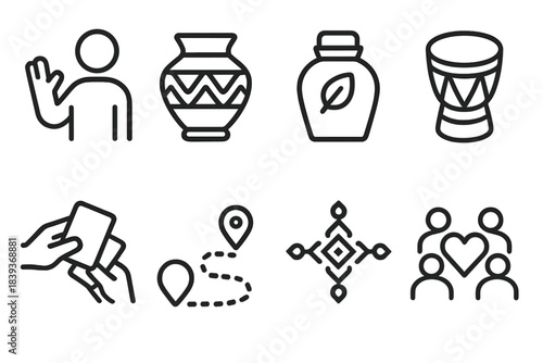 Cultural Sharing Icons. Cultural sharing icons linear set: welcome gesture, handcrafted pottery, regional spice jar, folk music drum, exchange card, travel path, cultural motif,