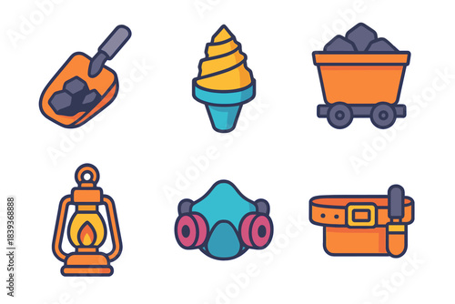 Mining Icons Set. Mining Operations Kit isometric flat set: ore scoop, drill bit, mining cart, lantern icon, dust mask, tool belt.