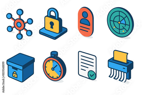Information Security Icons. Information Security Cycle isometric flat set: capture node, encryption padlock, identity token, threat scan radar, secure archive box, retention timer,