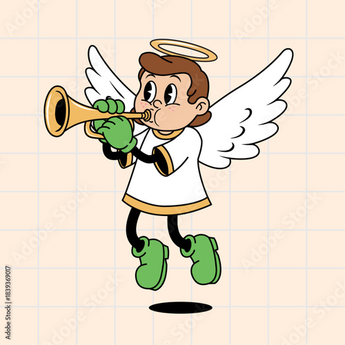 Retro Cartoon Angel Character Playing Golden Trumpet or Horn