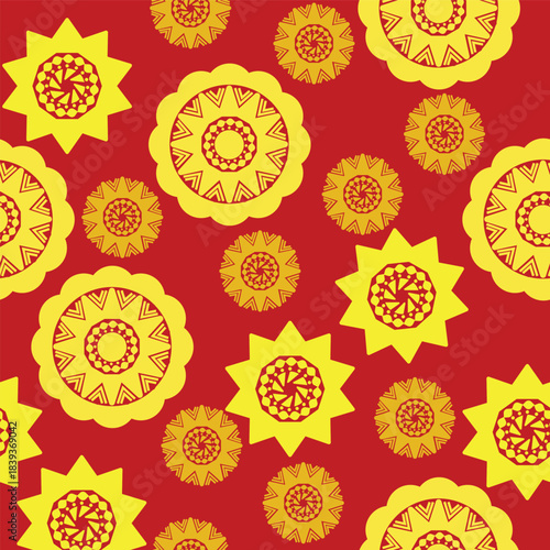 Design for Christmas with yellow motifs and red background seamless pattern