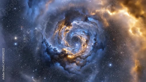 Spinning Galaxy Formation with Swirling Nebula Clouds and Bright Stars