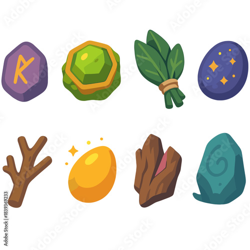 Woodland Icon Set. Secret Woodland Treasures isometric flat set: small rune charm, moss jewel, tucked leaf bundle, glitter pebble, ancient twig token, soft-glow seed, hidden bark