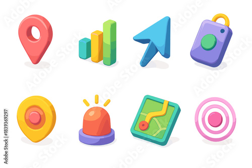 Colorful Tracking Icons Set. Real-time tracking systems flat isometric set: location pin, live signal bar, movement arrow, device tag, tracking node, status light, route tile,