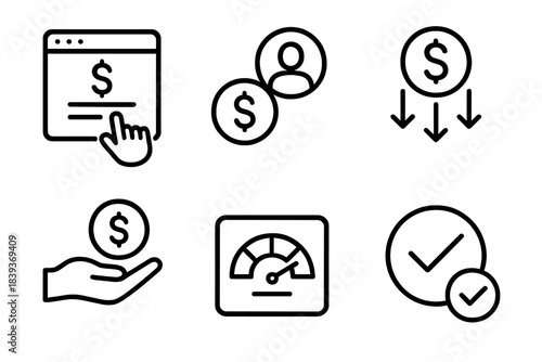 Inclusive Lending Icons. Inclusive Lending Systems linear set: small-loan application panel, credit-assist icon, distributed funding arrows, approval checkmark, financial support