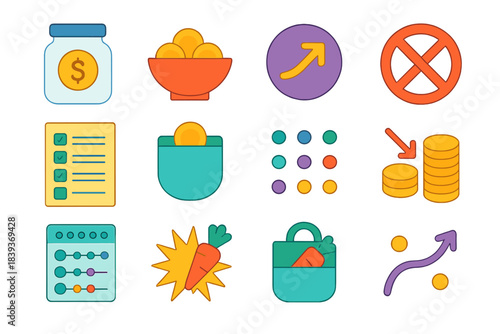 Modern Savings Icons. Daily Saving Decisions Icons flat set: savings jar, spare change bowl, round-up arrow, no-spend symbol, weekly goal sheet, stash pocket icon, micro-savings