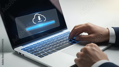 Wallpaper Mural Hands Typing on Laptop with Cloud Upload Icon on Screen in White Background Torontodigital.ca