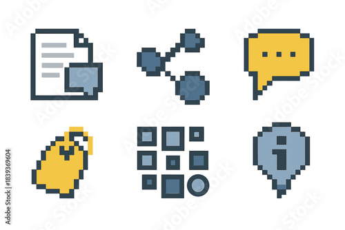Pixel Art Icon Set. Digital Knowledge Networks pixel style set: shared document tile, link nodes, insight bubble, discussion thread, data stream, reference tag, collaborative grid,