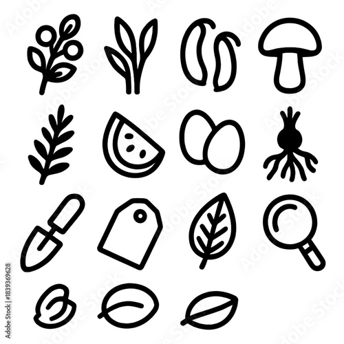 Nature's Bounty Icons. Trailside Edible Finds linear set: berry sprig, tender shoots, seed pods, safe fungi shape, woody herb stem, wild fruit piece, nut pair, root cluster, field