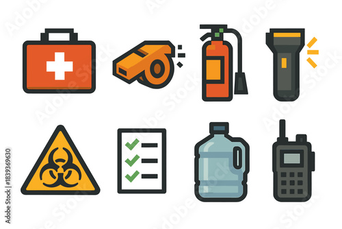 Safety Icons Set. Health & safety preparedness set set of icons in flat pixel vector style: first aid kit, emergency whistle, fire extinguisher, flashlight, hazard symbol, safety