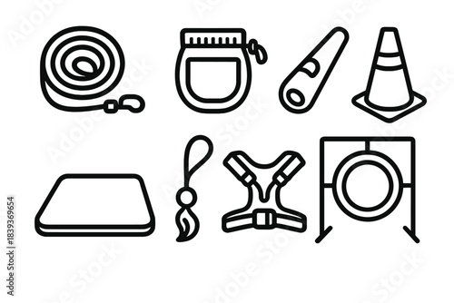 Pet Training Gear Icons. Training Gear for Pets linear set: long line leash, treat bag, whistle cue, agility cone, soft mat, lure toy, adjustable harness, practice ring.