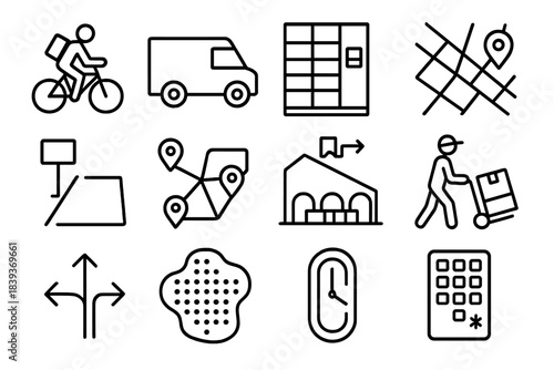 Urban Delivery Icons. Urban Delivery Systems linear set: bike courier, small van, parcel locker, city route grid, curbside drop zone, multi-stop route icon, micro-fulfillment hub,